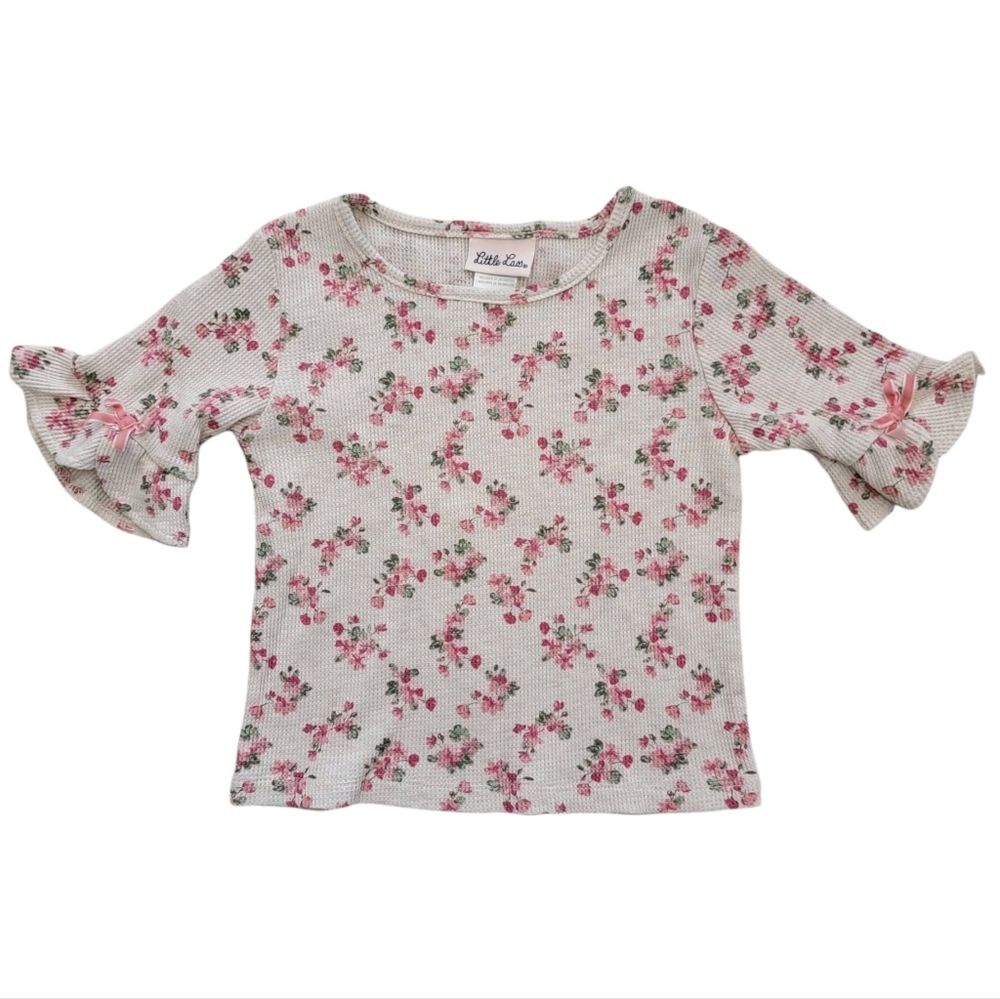 LITTLE LASS Ruffled Sleeve Floral Waffle Knit Top Size 5